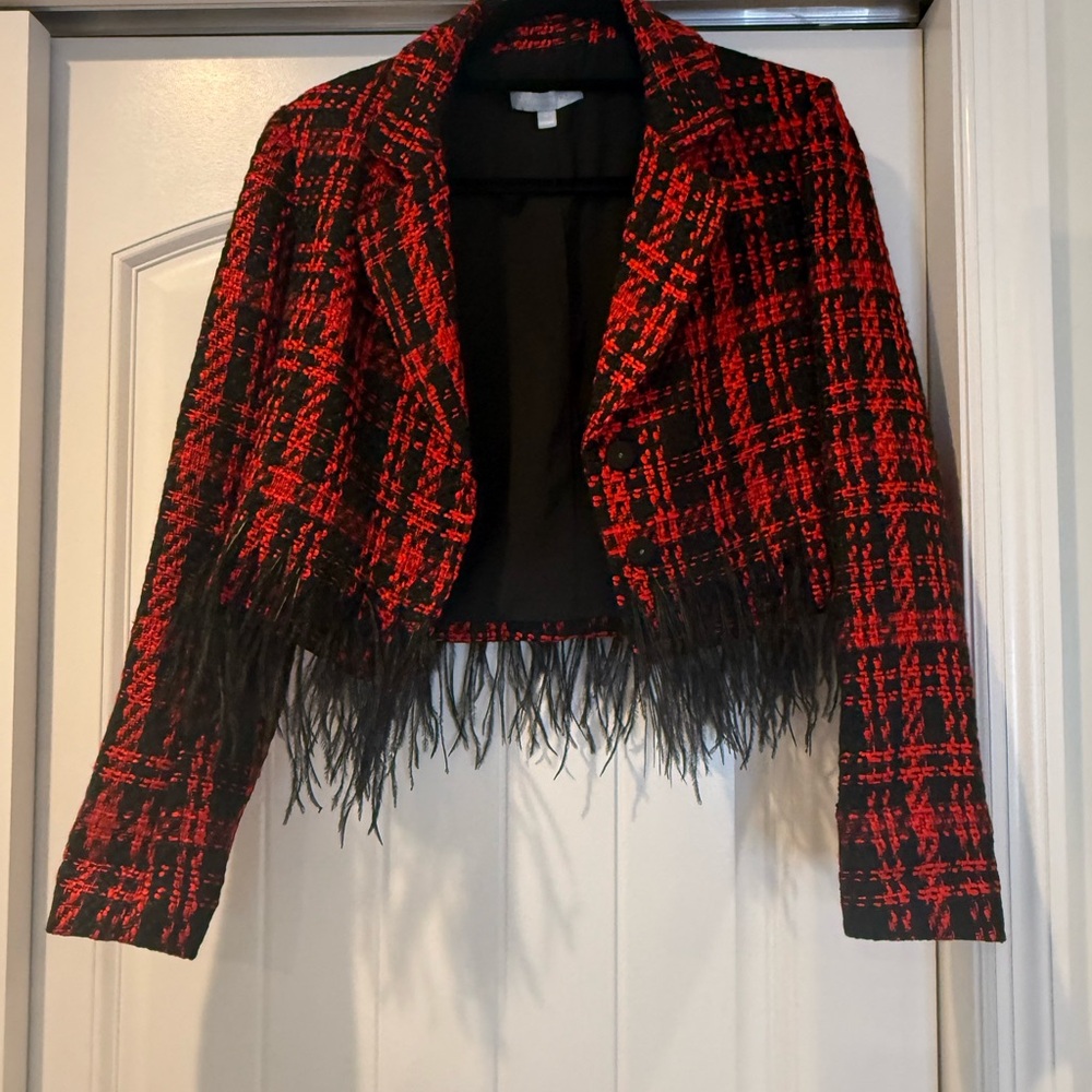 Antonio Melani Chloe red tweed blazer jacket with feather detail